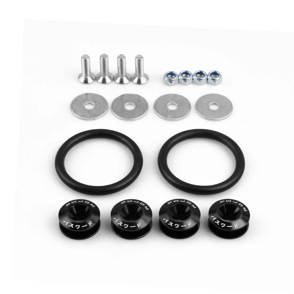 Set of aluminum quick release fasteners for bumpers, trunk, and hatch lids