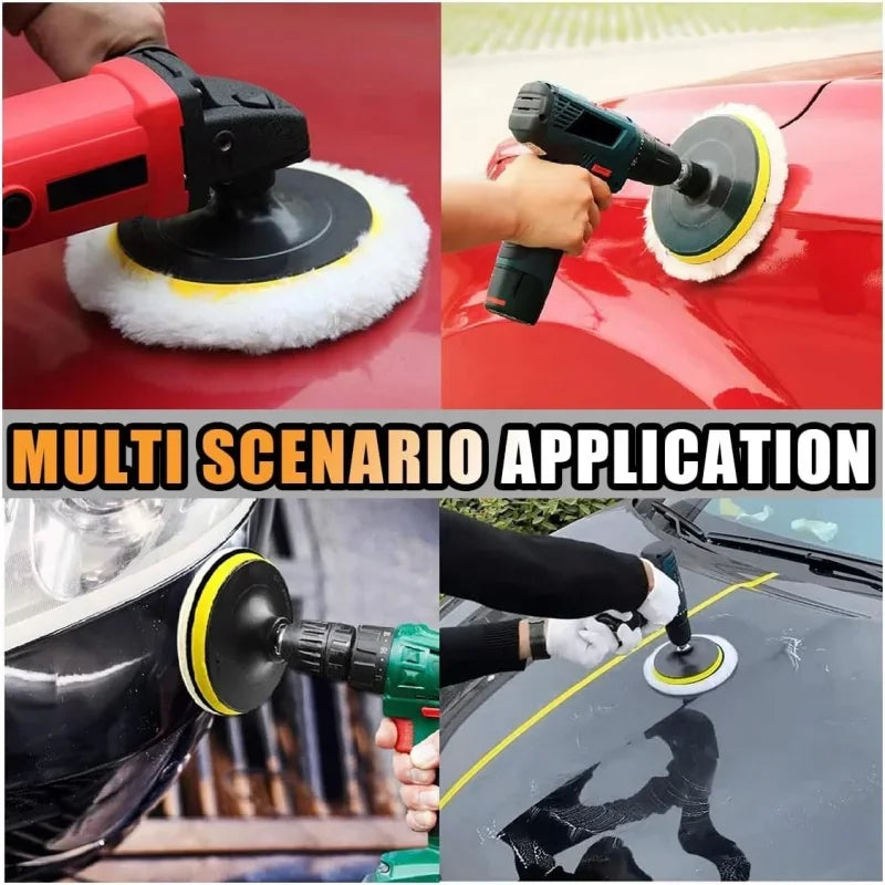A multi-scenario application of a 5-piece wool polishing pad set for auto detailing on various surfaces.
