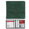 A dark green leather card holder wallet featuring a line drawing of a car and text for registration and insurance.
