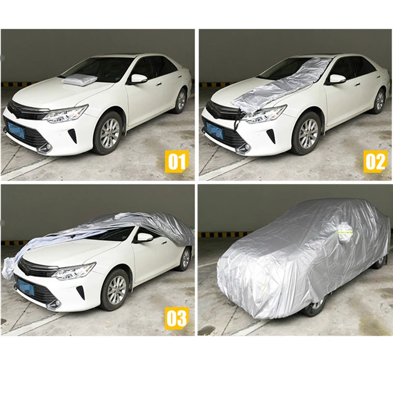 Three images showing an all-weather car cover being applied to a white sedan, demonstrating the product's use.