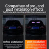 Comparison showing the before and after effects of an RGB Dynamic Demon Eye Light Display on a car's rear lights.