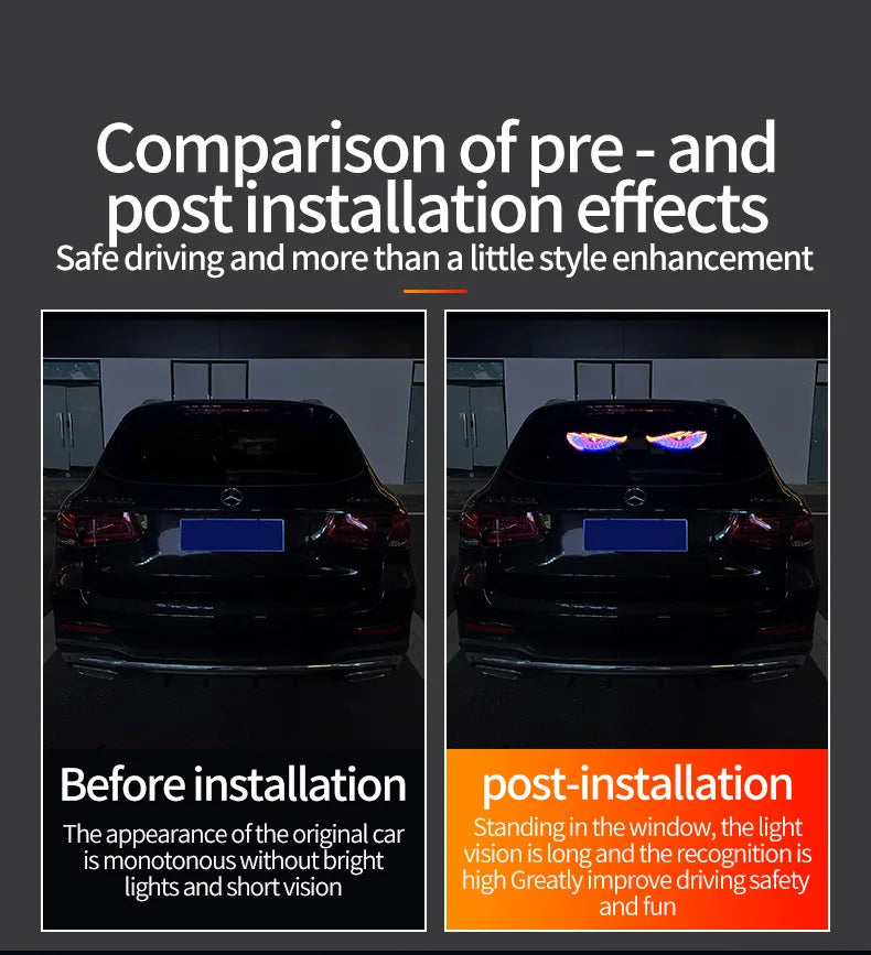 Comparison showing the before and after effects of an RGB Dynamic Demon Eye Light Display on a car's rear lights.