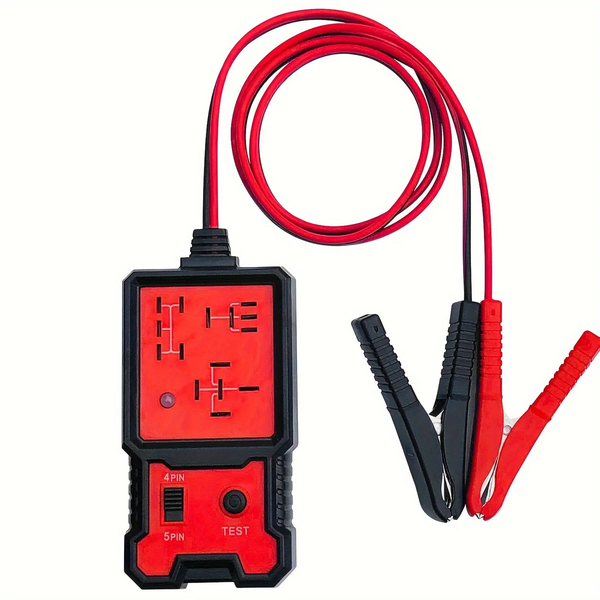 A red universal automotive relay tester with a coiled red wire and multiple connectors.