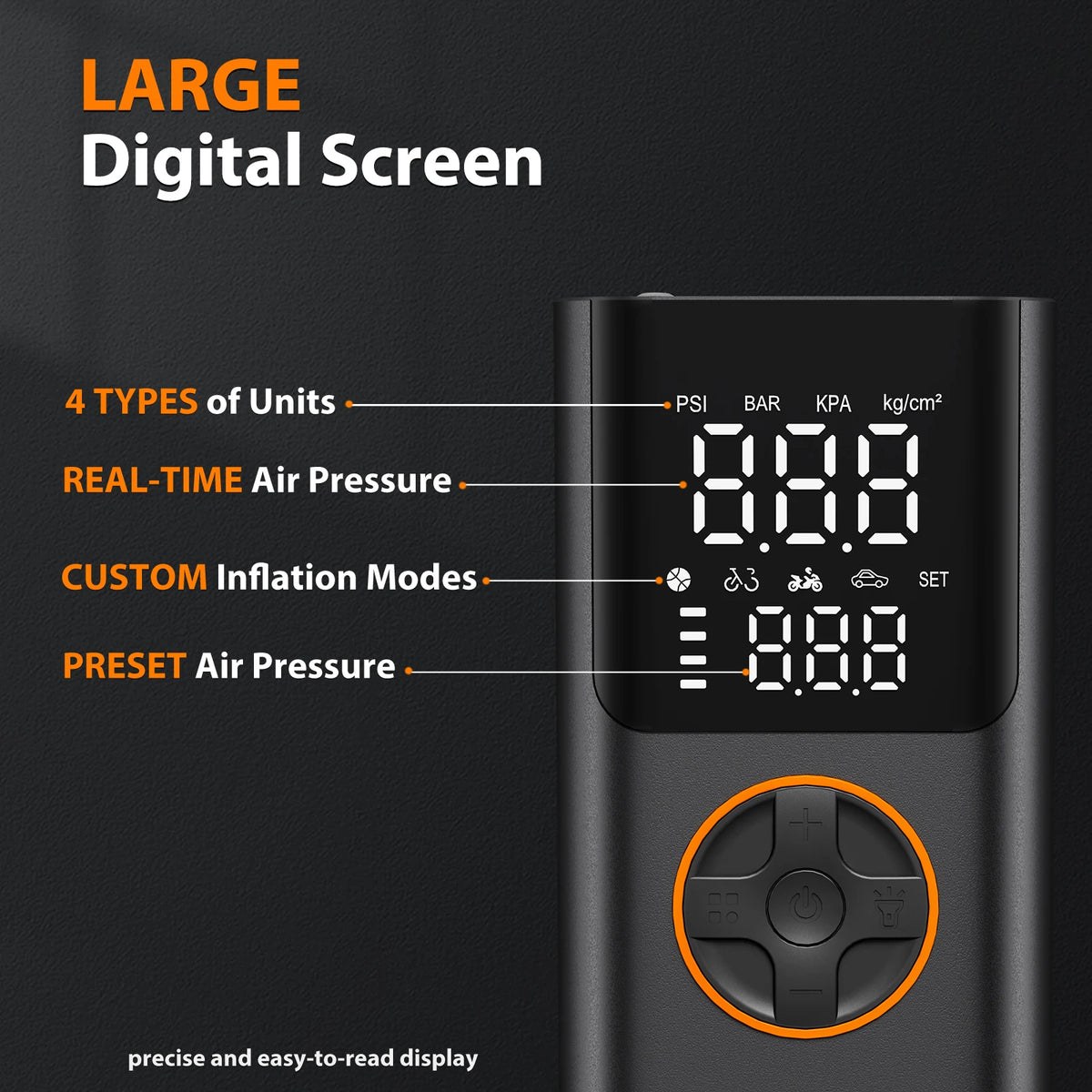 A close-up of a black digital screen air pump displaying pressure readings and unit types.