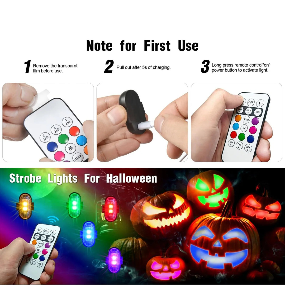A set of multi-color LED strobe lights for Halloween, including a pumpkin-shaped light.