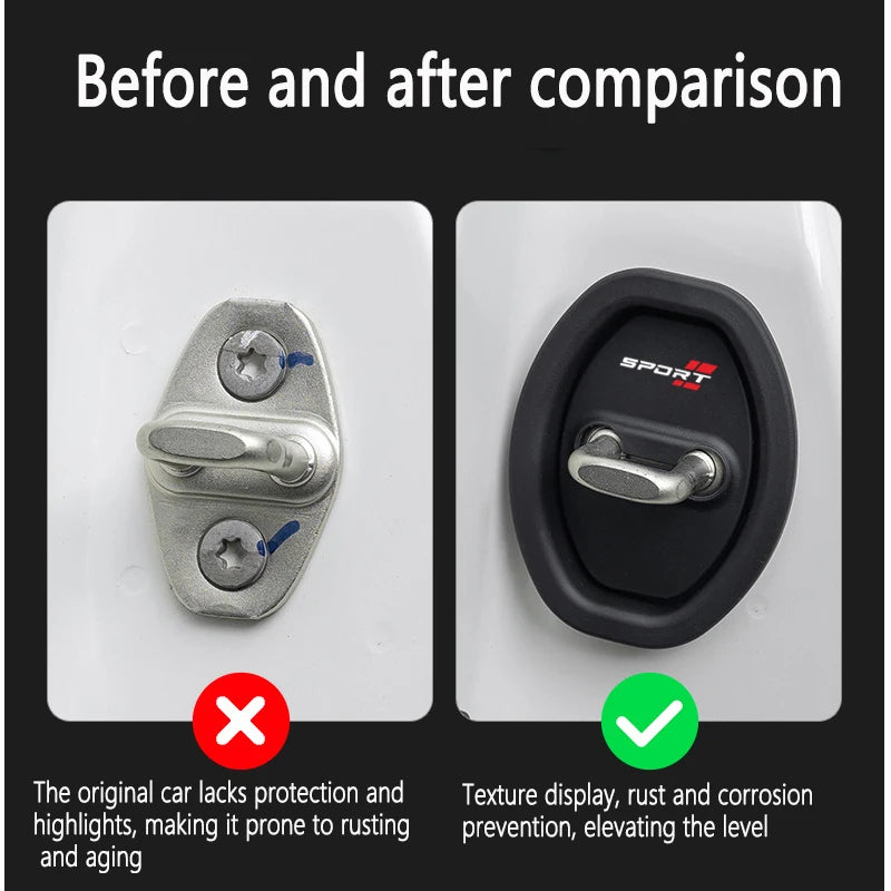 Before and after comparison of a car door lock protector set showing improved texture display and rust prevention