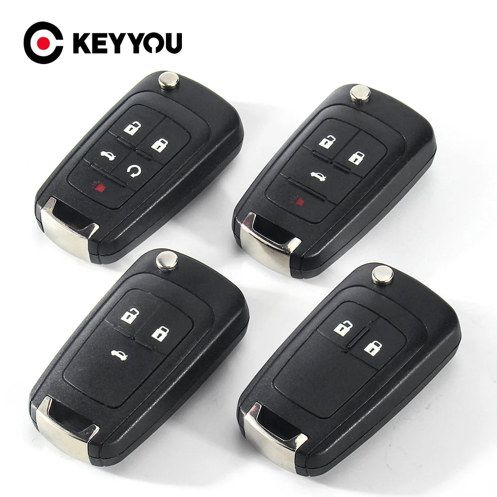 Four black flip remote car keys for Chevrolet, Opel, and Vauxhall models shown from various angles
