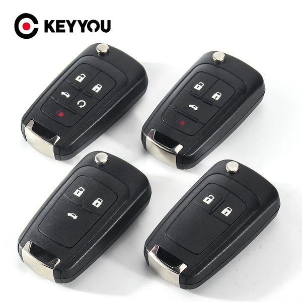 Four black flip remote car keys for Chevrolet, Opel, and Vauxhall models shown from various angles