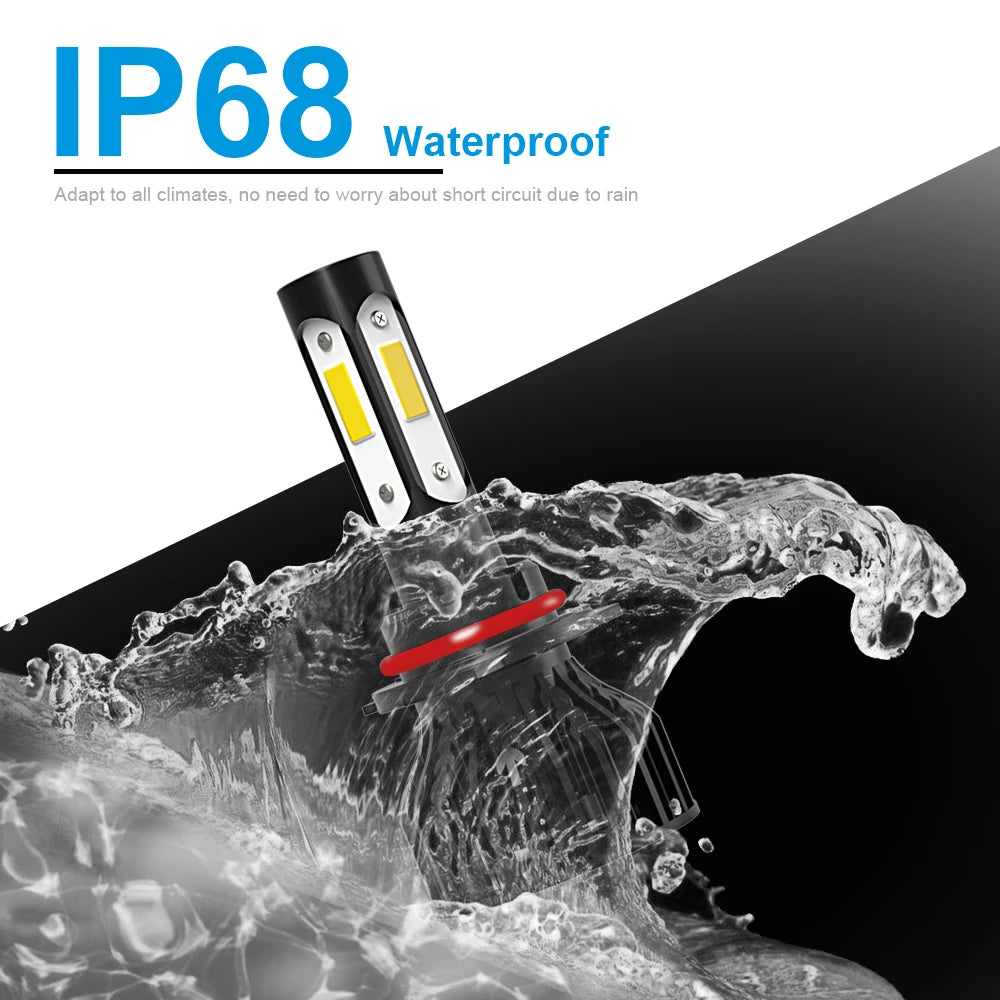 A close-up of a car LED bulb being splashed by water, demonstrating its waterproof IP68 rating.