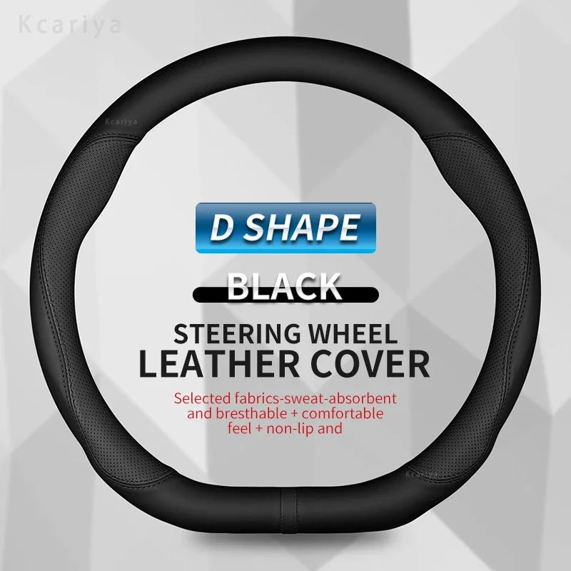 Black D shape leather steering wheel cover for a vehicle