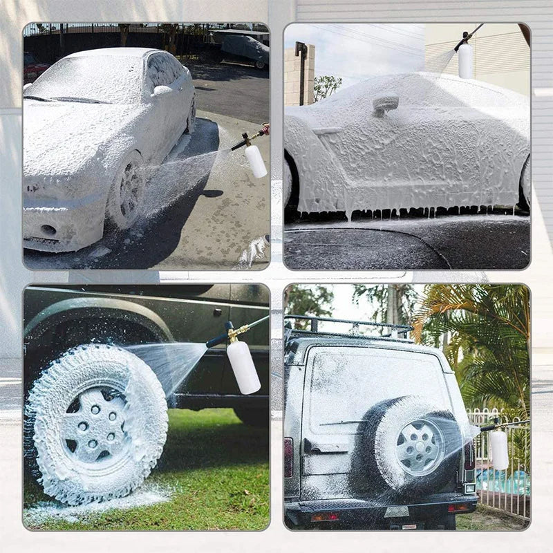 Un nettoyeur à mousse haute pression lave une voiture argentée et une roue de camion avec de la mousse savonneuse.