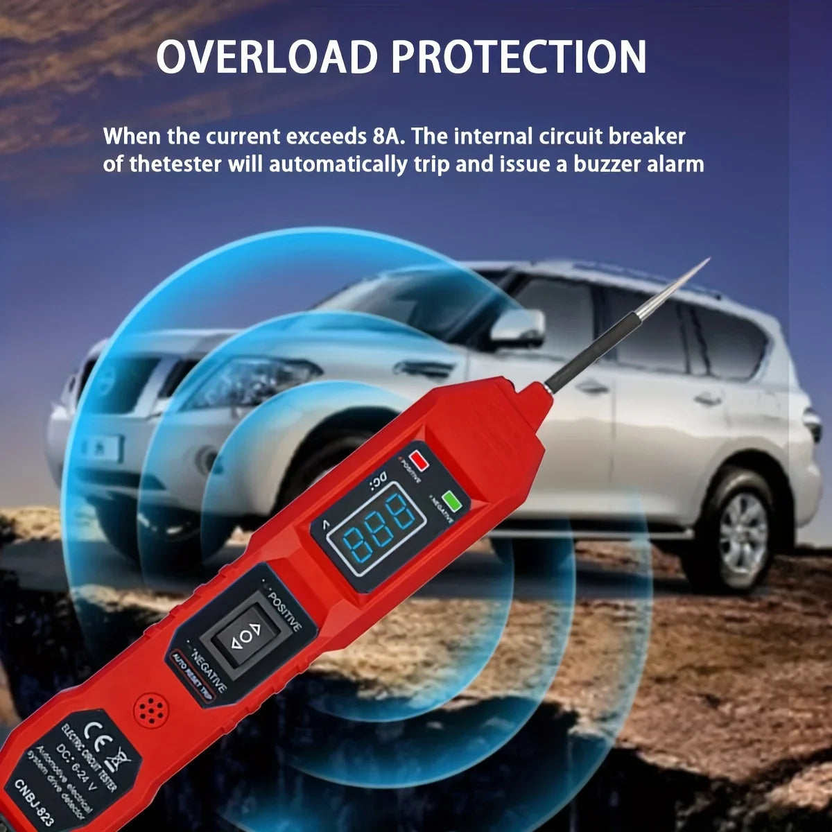 An orange portable car circuit tester is shown with a glowing LED display, set against a blurred background of a white SUV.