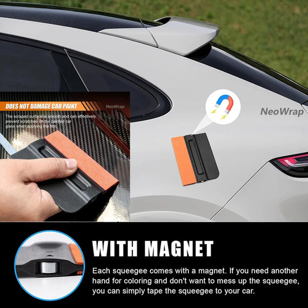 A hand is shown using a silicone squeegee tool to apply NeoWrap vinyl wrap on a car window.