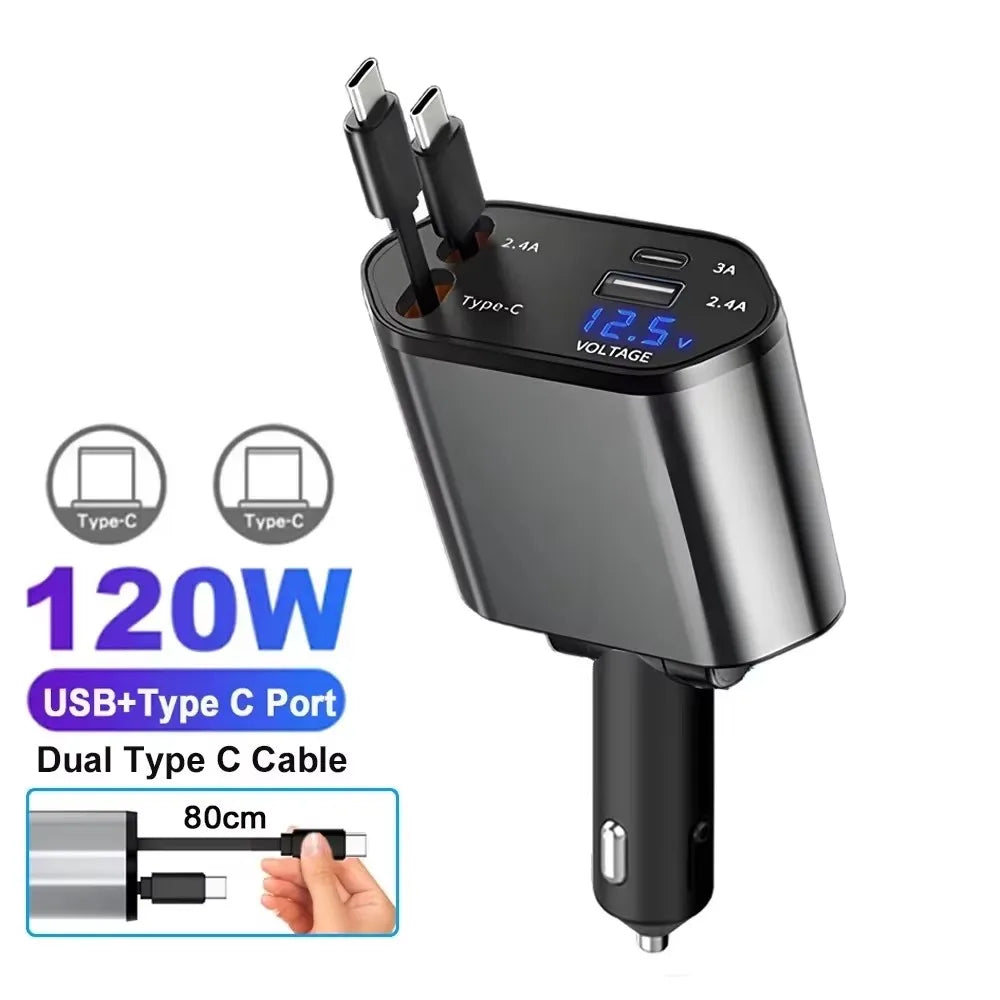 A black fast car charger featuring a Type-C port and a dual Type-C cable, with voltage and current indicators visible.