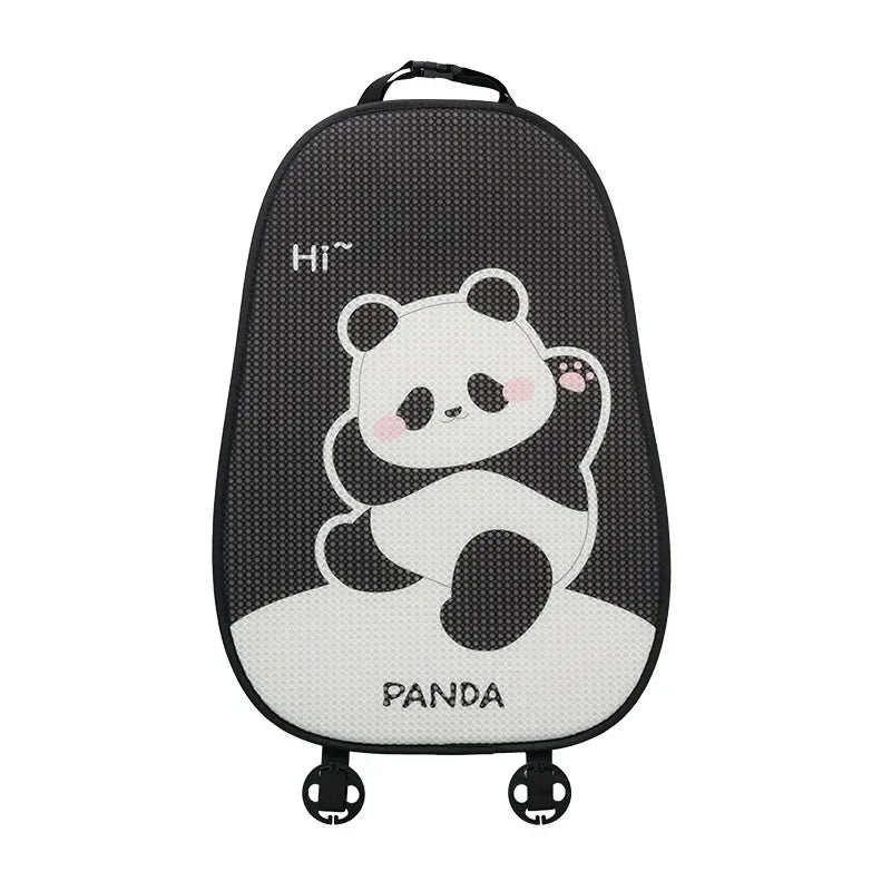 Black and white patterned panda themed car seat cushion set with a carrying strap