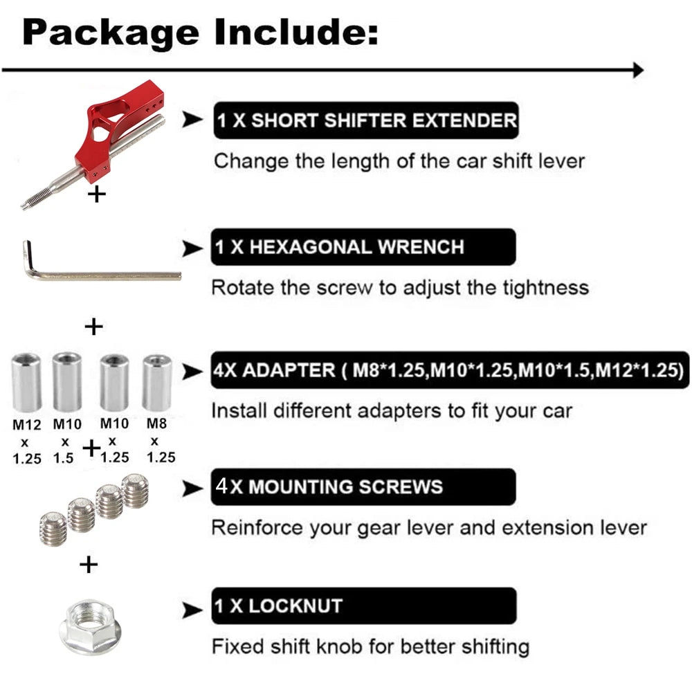 Package includes a short shifter extender, hexagonal wrench, adapters, mounting screws, and a locknut for an adjustable car g
