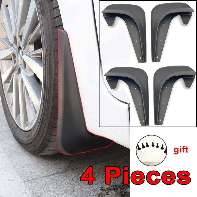 Set of four black universal mud flaps designed for car wheel protection.