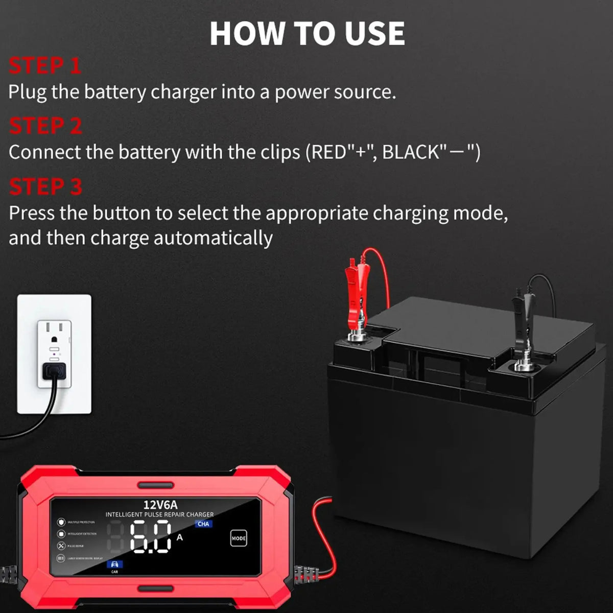 A red intelligent pulse repair battery charger device shown with instructions and a power source.