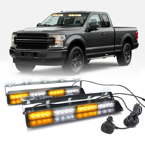 A black Ford F-150 pickup truck with aftermarket emergency dash strobe lights installed on the front grille.