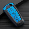 A blue multi-function key fob holder with four buttons resting on a dark surface.