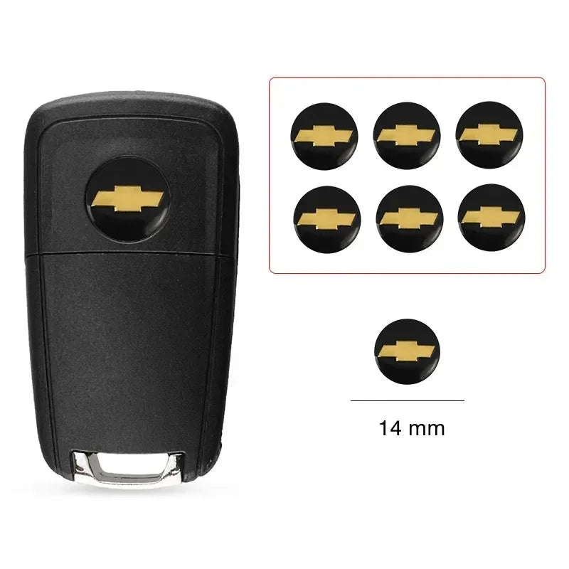 Black aluminum key emblem sticker set with multiple Chevrolet emblems and a 14 mm measurement.