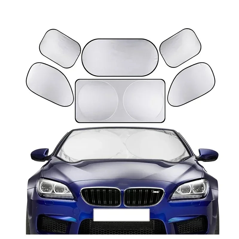 A set of six car windshield sun shades displayed above a blue BMW vehicle's hood.