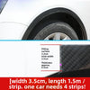 Carbon fiber trim strip for car wheel arches showing dimensions and installation details.