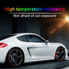 A white sports car with orange rim protectors installed, emphasizing high temperature resistance.