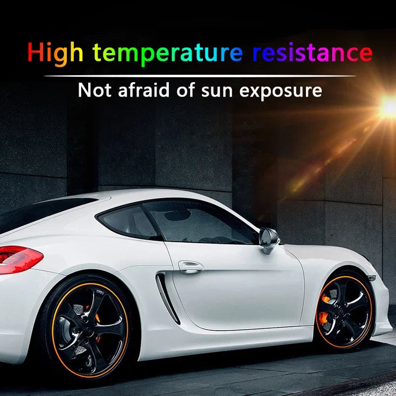 A white sports car with orange rim protectors installed, emphasizing high temperature resistance.