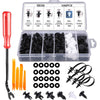 Ein Set aus schwarz-weißen Plastik-Auto-Halteclips verschiedener Größen und Formen plus ein rohes Werkzeug.