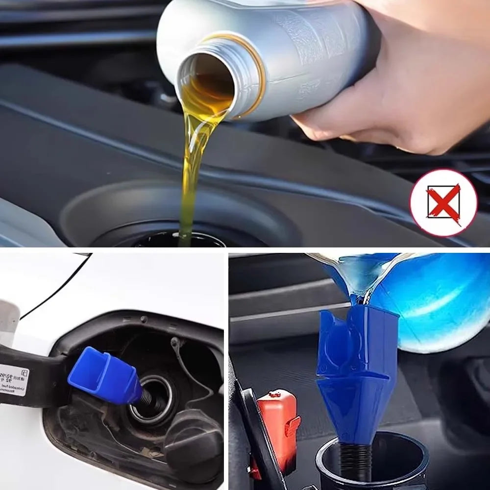 Una mano vierte líquido amarillo de un embudo en el tanque de combustible de un coche, junto a una herramienta de repostaje a