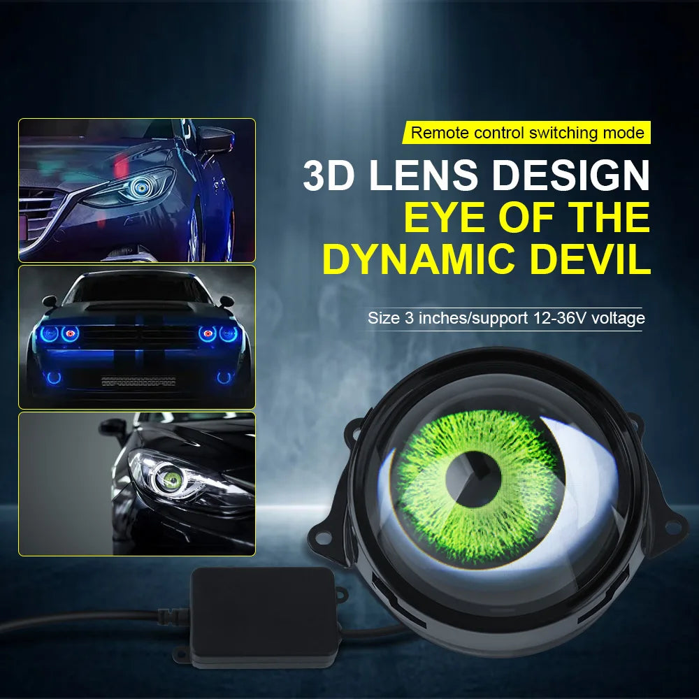 3D lens design eye of the Dynamic Devil car headlight module with a power connector