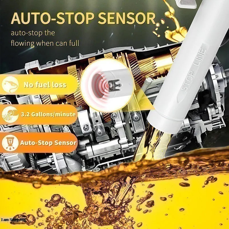 A white portable auto-stop sensor fuel transfer pump is shown operating on a yellow liquid.