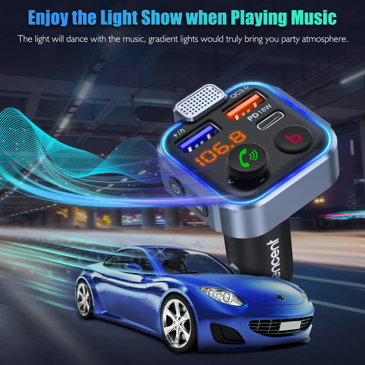 A blue car is shown next to a portable Bluetooth audio transmitter with gradient lights dancing with the music.