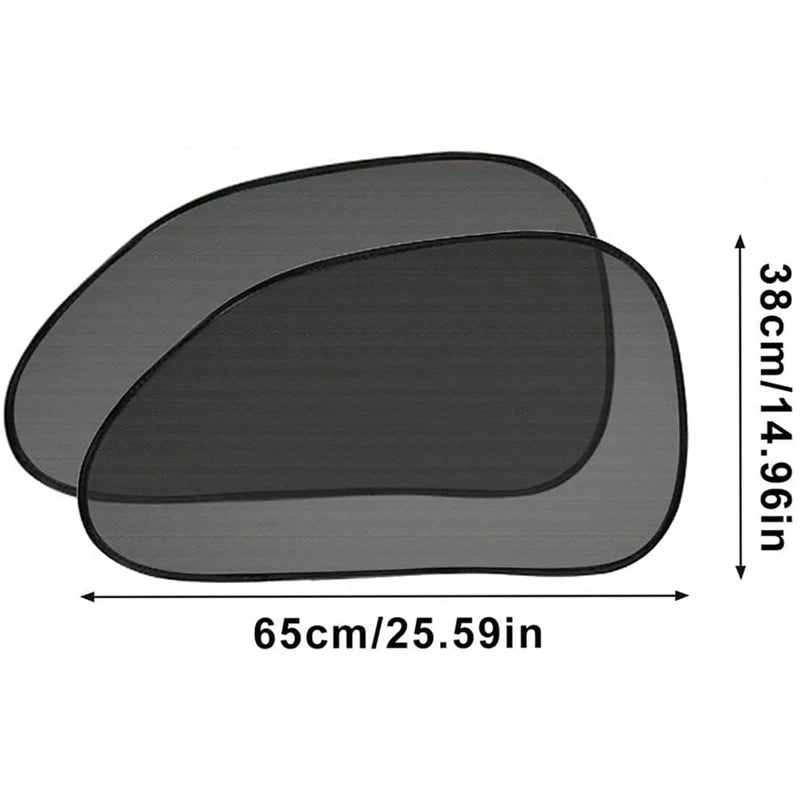 A pair of black mesh sun shades for car side windows, measuring 65cm long and 38cm high.
