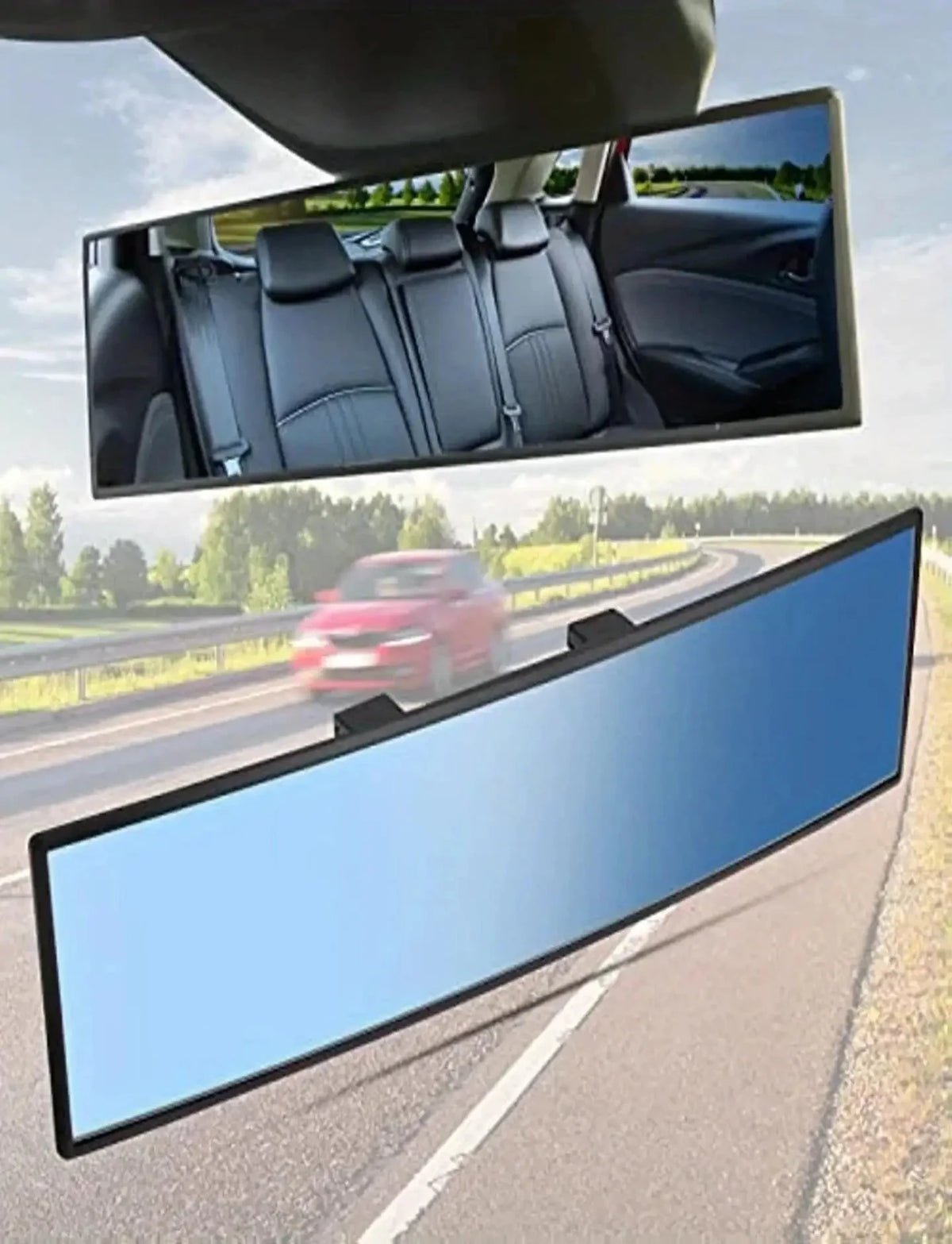 Wide angle convex rearview mirror showing the car interior and a view of the road.