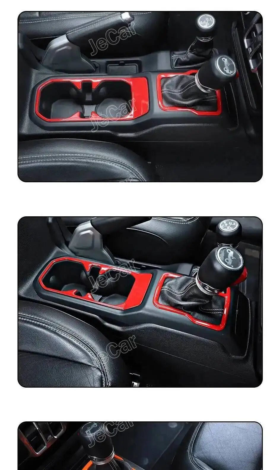 Black car gear shift panel trim stickers for Jeep/Gladiator interior showing custom red accents