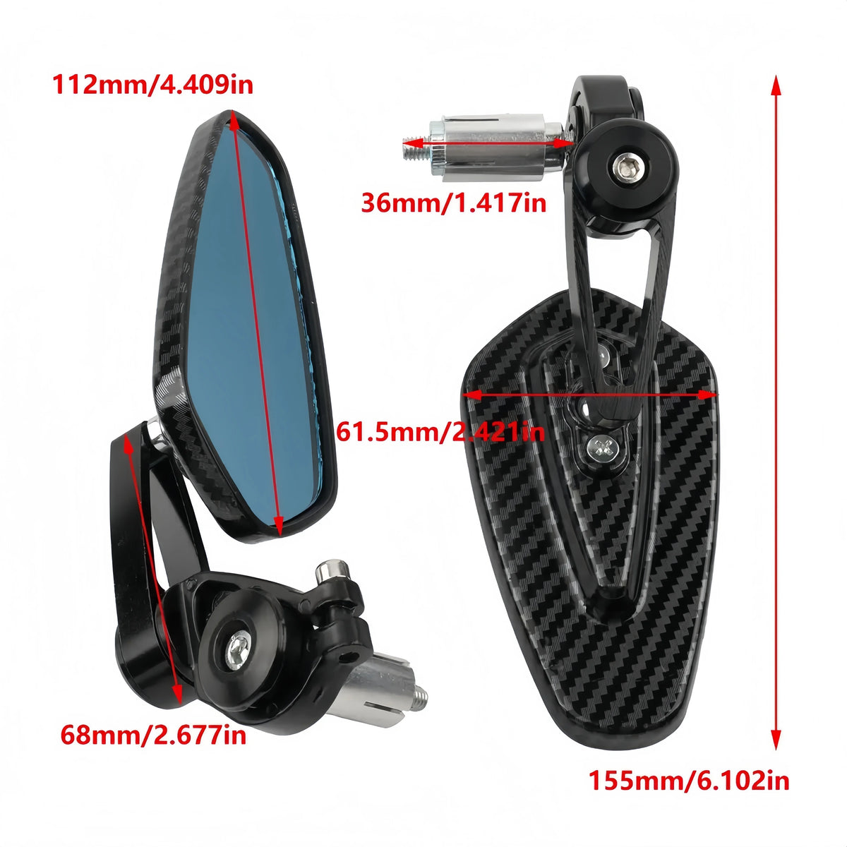 Black carbon fiber rearview mirrors with various dimensions shown against a white background.