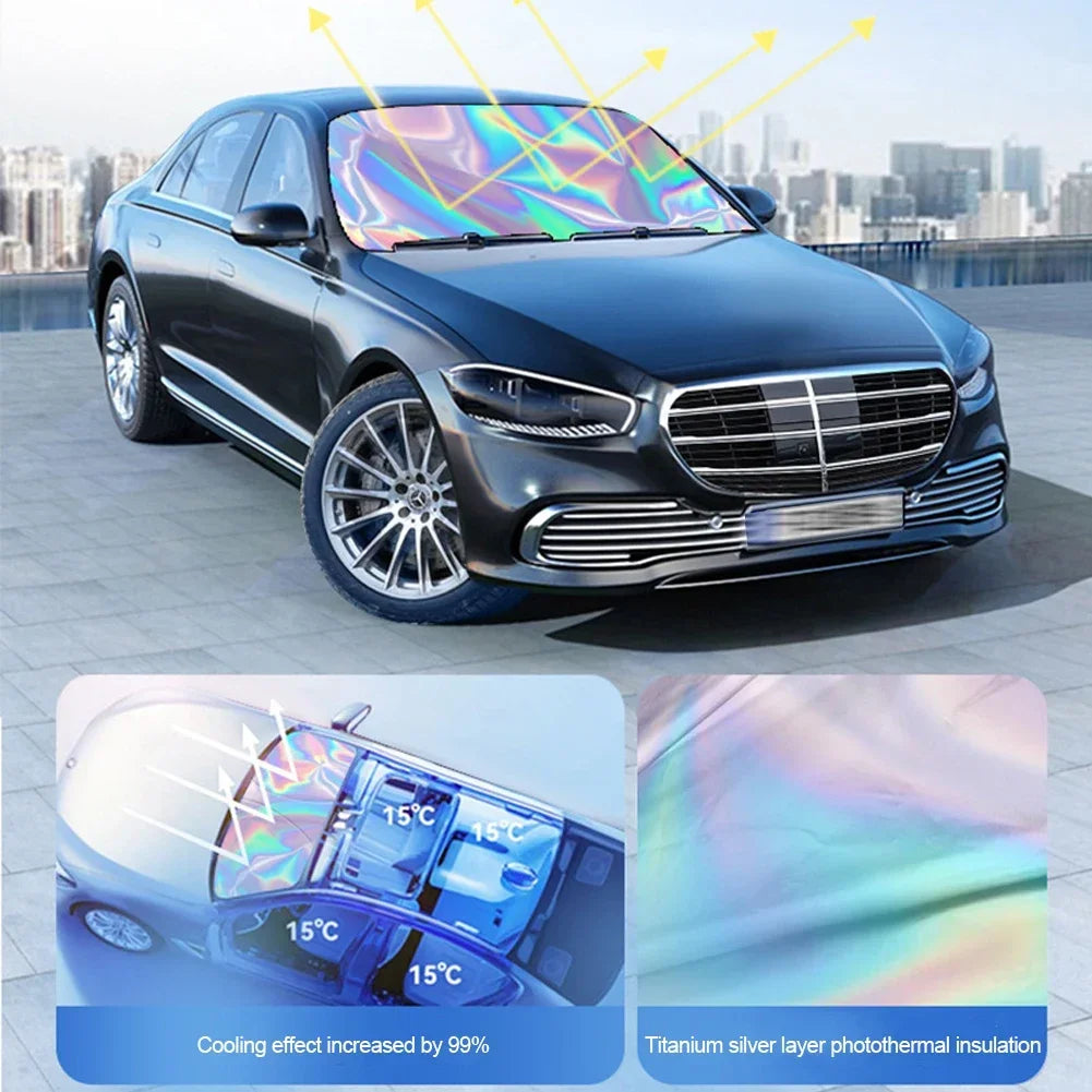 A dark Mercedes-Benz sedan with a UV reflective windshield sun shade installed, showing cooling effect and thermal insulation