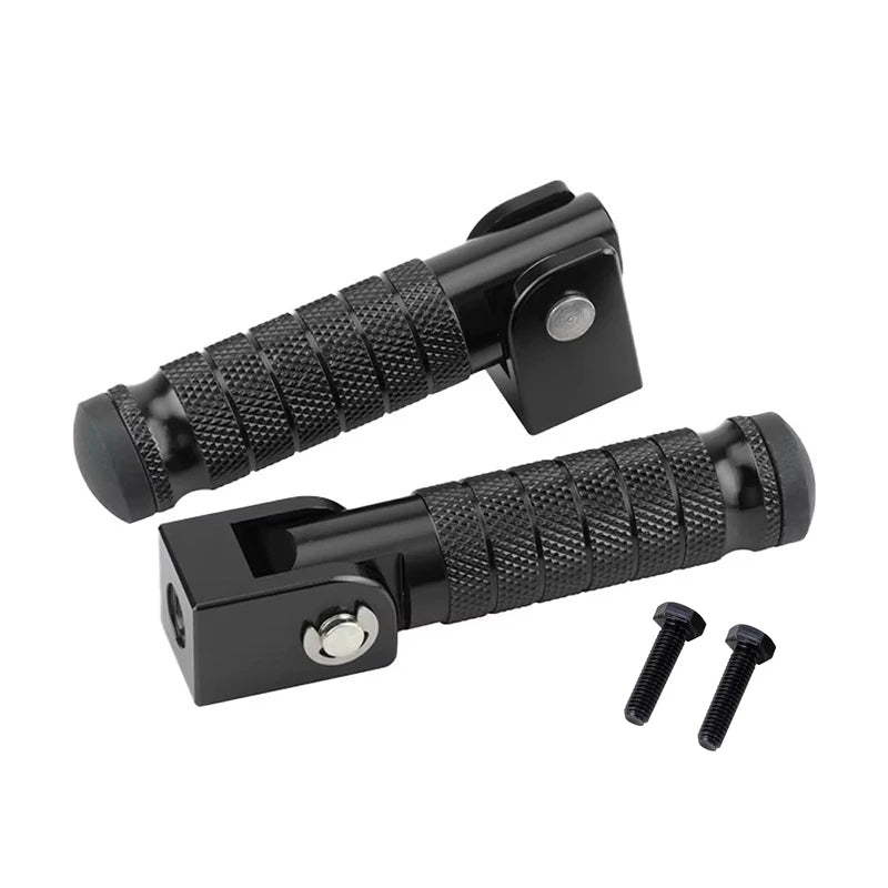 Black foldable aluminum alloy foot pegs for vehicles with textured grips and mounting hardware.