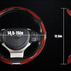 A black steering wheel cover with red carbon fiber accents, showing its diameter and thickness.