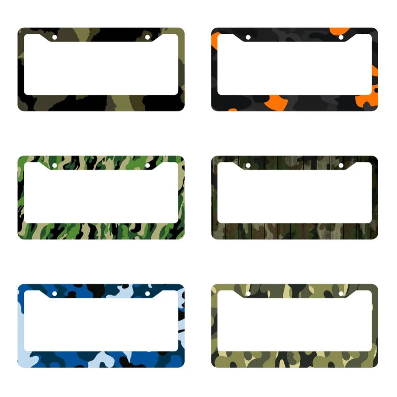 Five variations of license plate covers featuring different camouflage patterns like green, brown, and orange.