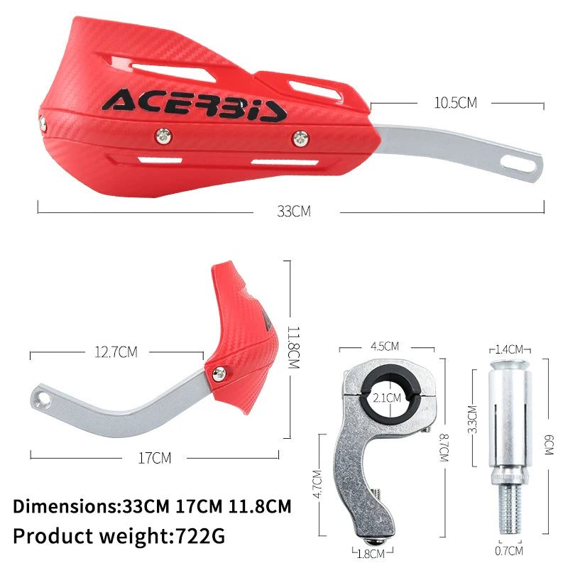 Red Acerbis motorcycle handguard protector with silver mounting hardware and detailed dimensions.