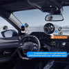 A 360° rotating magnetic phone mount is shown installed in a car's interior, demonstrating its use on non-smooth dashboards.
