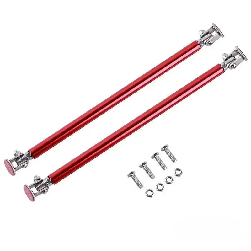 Two red universal adjustable bumper lip splitter rods with metal fittings