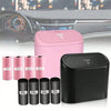 Pink and black portable car trash cans with hanging lids shown next to a car interior background.