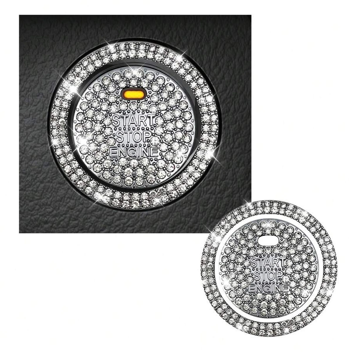 A round rhinestone cover for a car start button, featuring text like START STOP ENGINE.