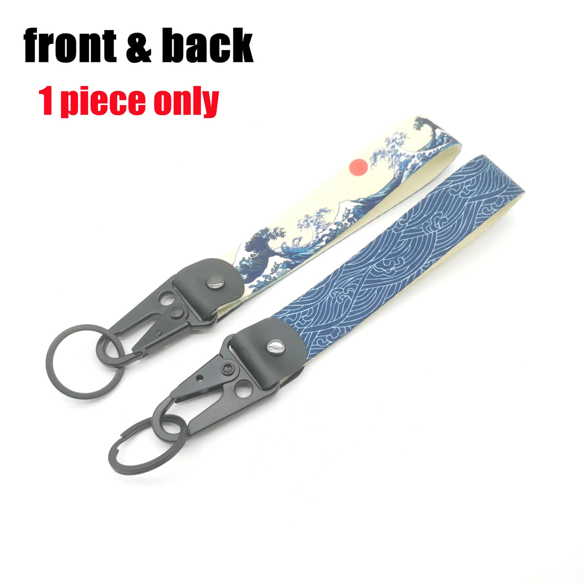 A single piece of JDM car keychain lanyard featuring a light blue and white patterned strap with a red dot detail.