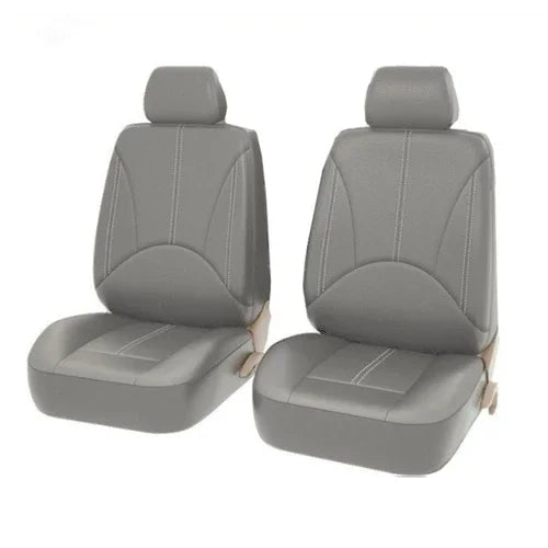A pair of gray universal PU leather car seat covers shown from the side.