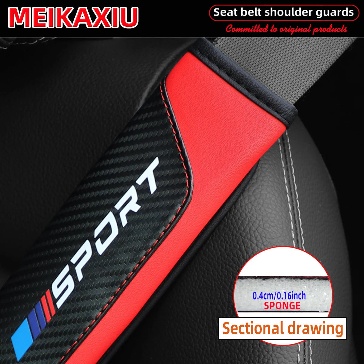 Sectional drawing of a red seat belt shoulder guard made from PU leather and sponge on a black car seat.